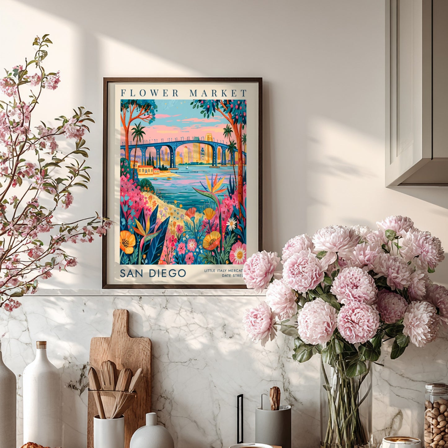 Flower market poster showcasing vibrant blooms and San Diego skyline in colorful style
