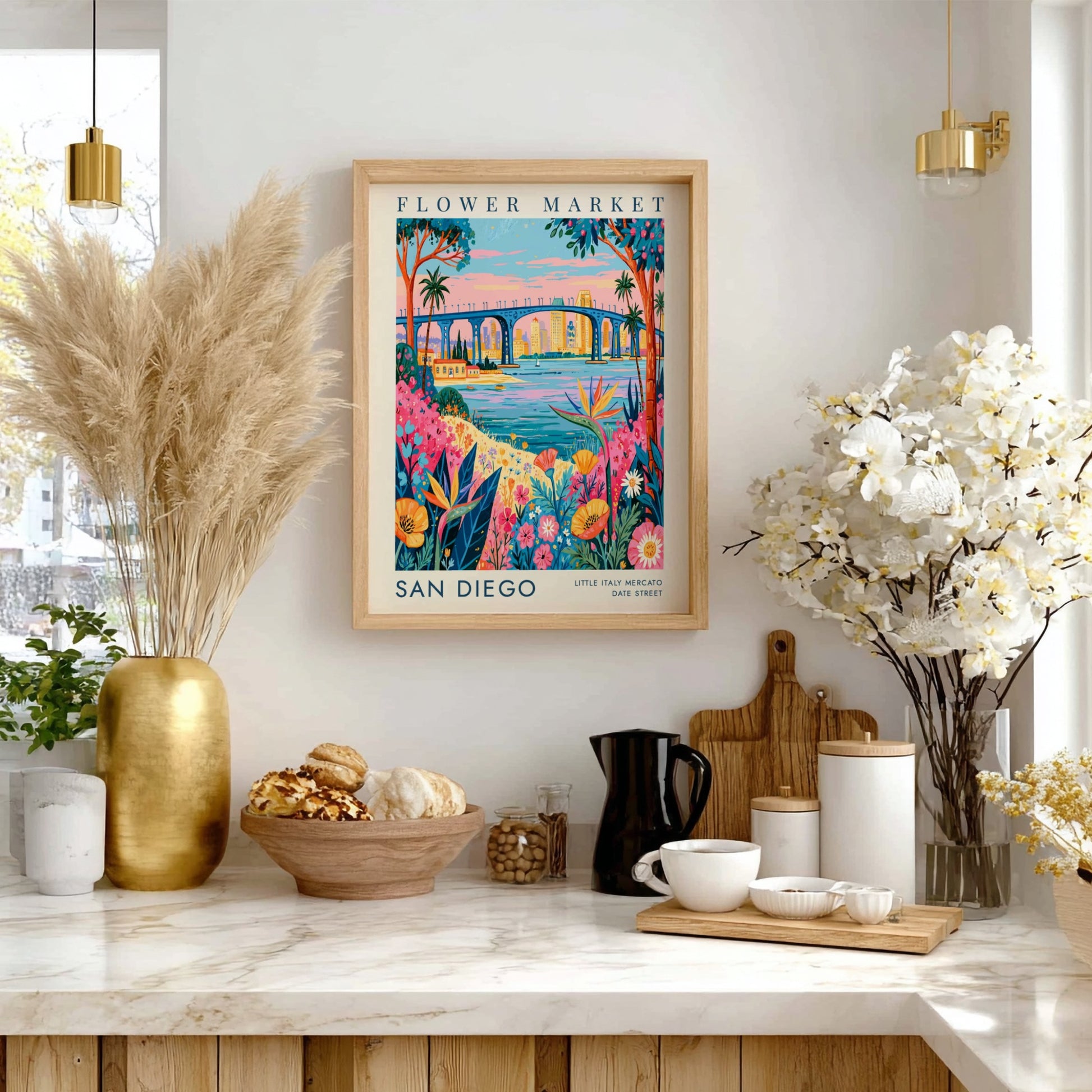 Flower market poster showcasing vibrant blooms and San Diego skyline in colorful style