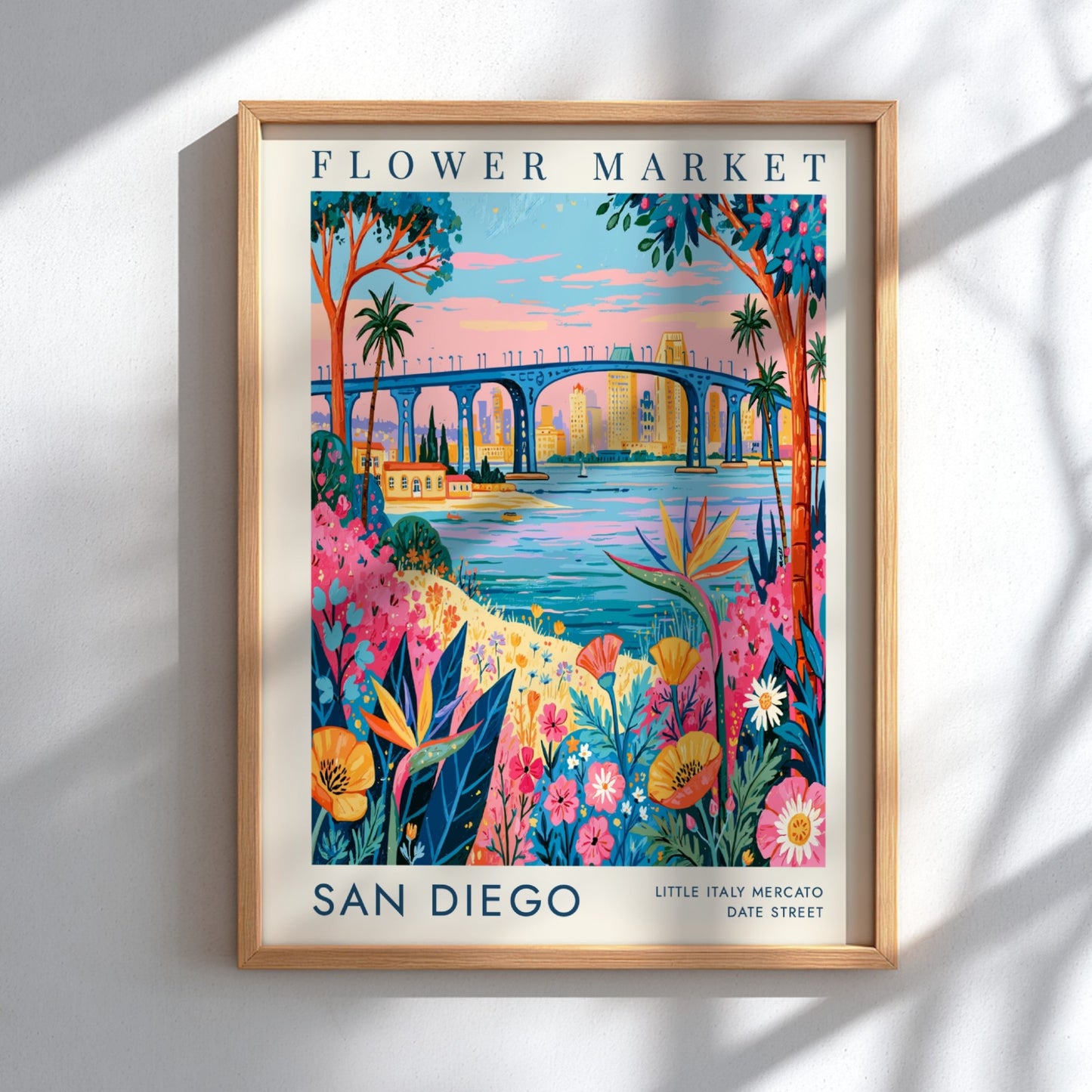 Flower market poster showcasing vibrant blooms and San Diego skyline in colorful style
