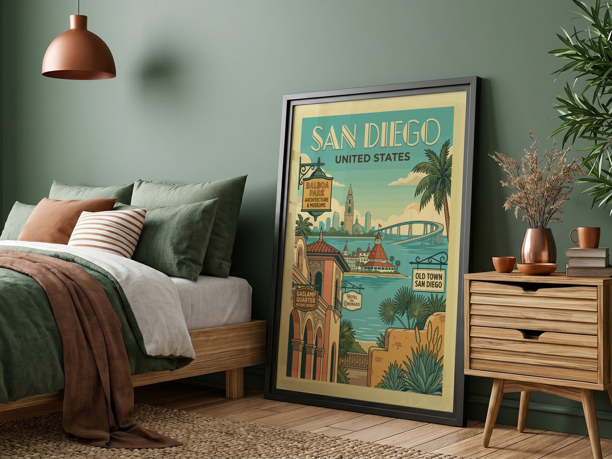 Vintage San Diego travel poster featuring iconic landmarks and a retro art style with a coastal color palette.