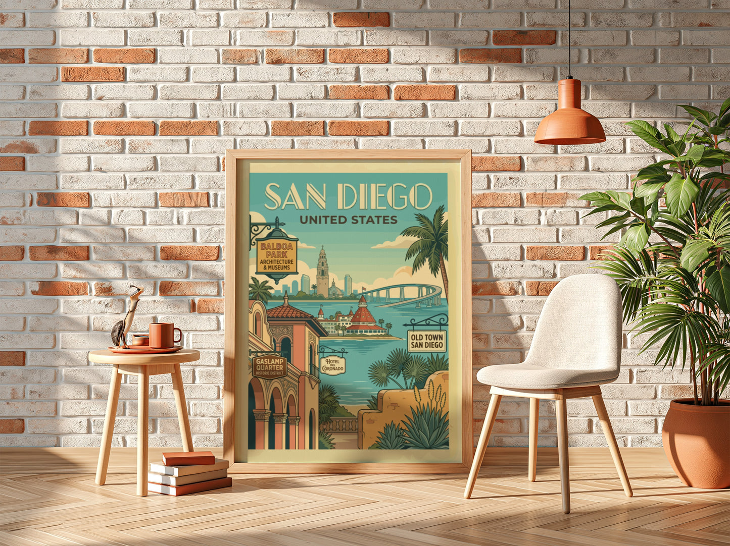 Vintage San Diego travel poster featuring iconic landmarks and a retro art style with a coastal color palette.