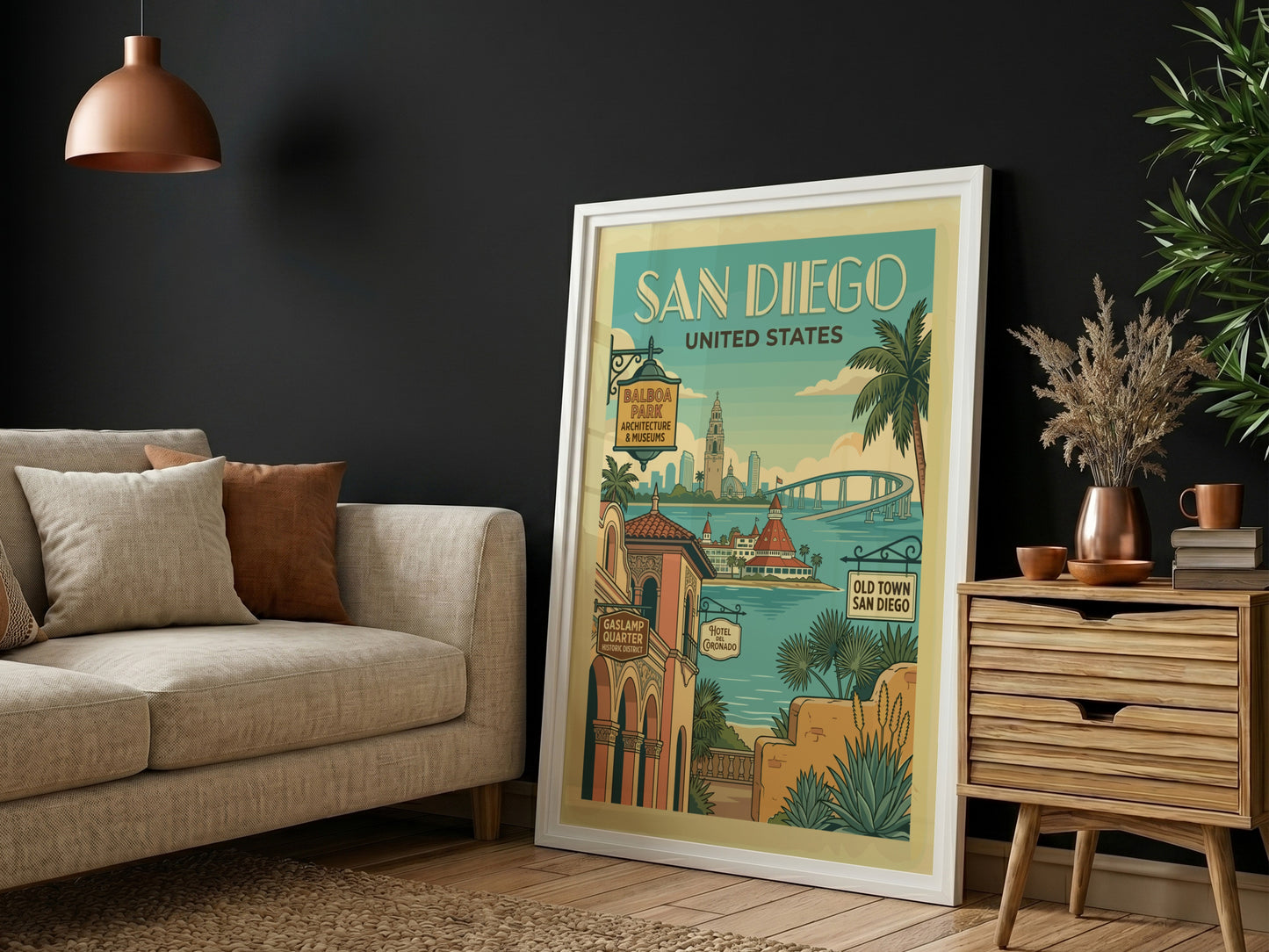 Vintage San Diego travel poster featuring iconic landmarks and a retro art style with a coastal color palette.