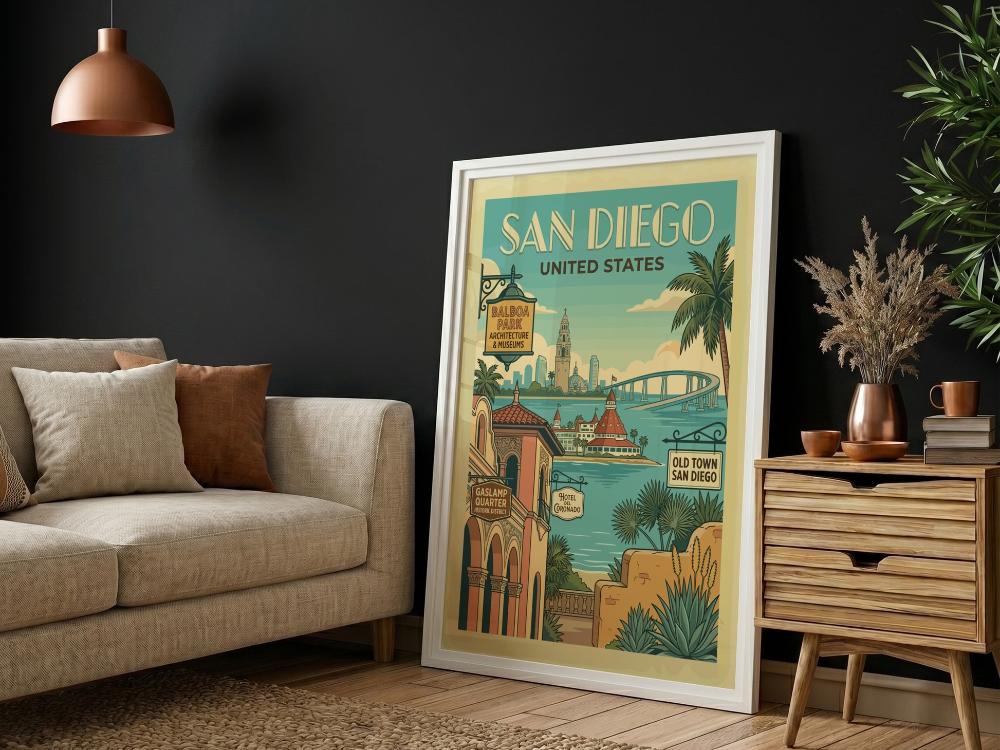 Vintage San Diego travel poster featuring iconic landmarks and a retro art style with a coastal color palette.