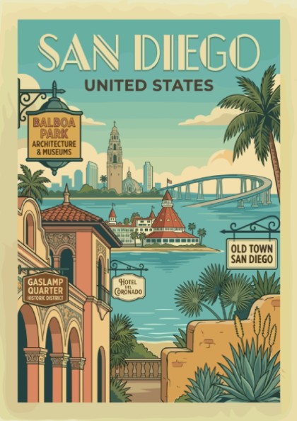 Vintage San Diego travel poster featuring iconic landmarks and a retro art style with a coastal color palette.