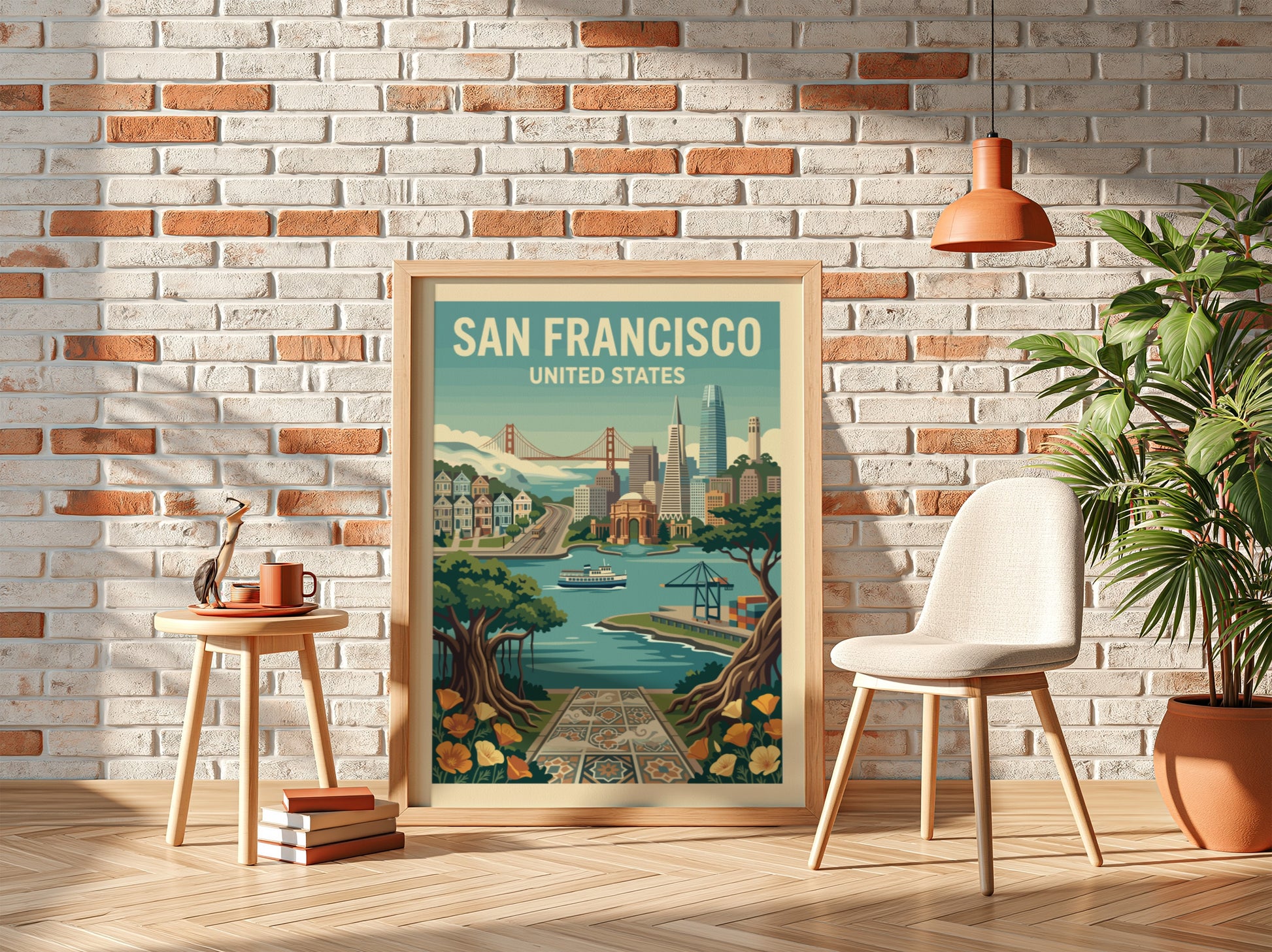 Retro San Francisco travel poster with Golden Gate Bridge and city skyline in a vintage style.