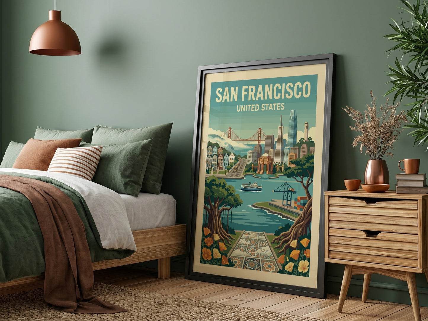 Retro San Francisco travel poster with Golden Gate Bridge and city skyline in a vintage style.