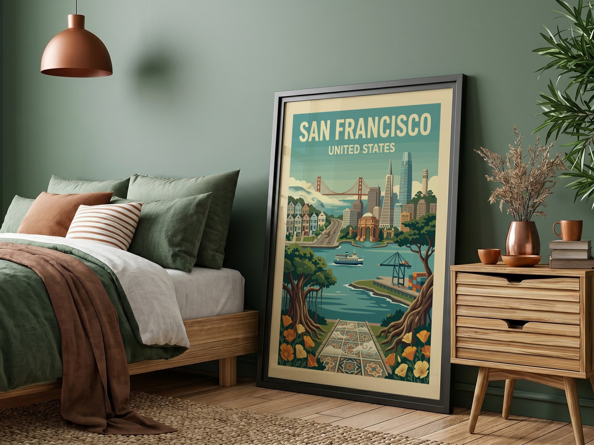 Retro San Francisco travel poster with Golden Gate Bridge and city skyline in a vintage style.