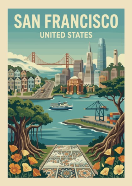 Retro San Francisco travel poster with Golden Gate Bridge and city skyline in a vintage style.