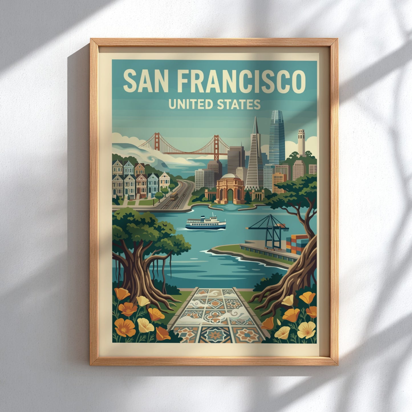 Retro San Francisco travel poster with Golden Gate Bridge and city skyline in a vintage style.