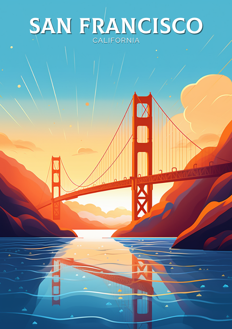 North AmericaGOLDEN GATE BRIDGE VINTAGE TRAVEL PRINT - SAN FRANCISCO ARTWORK
