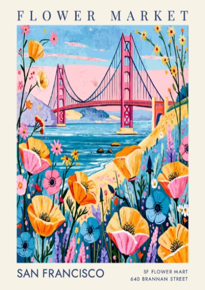 Flower market poster showcasing colorful blooms and the Golden Gate Bridge in San Francisco