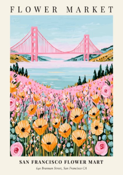Floral print featuring wildflowers and the Golden Gate Bridge in pastel colors