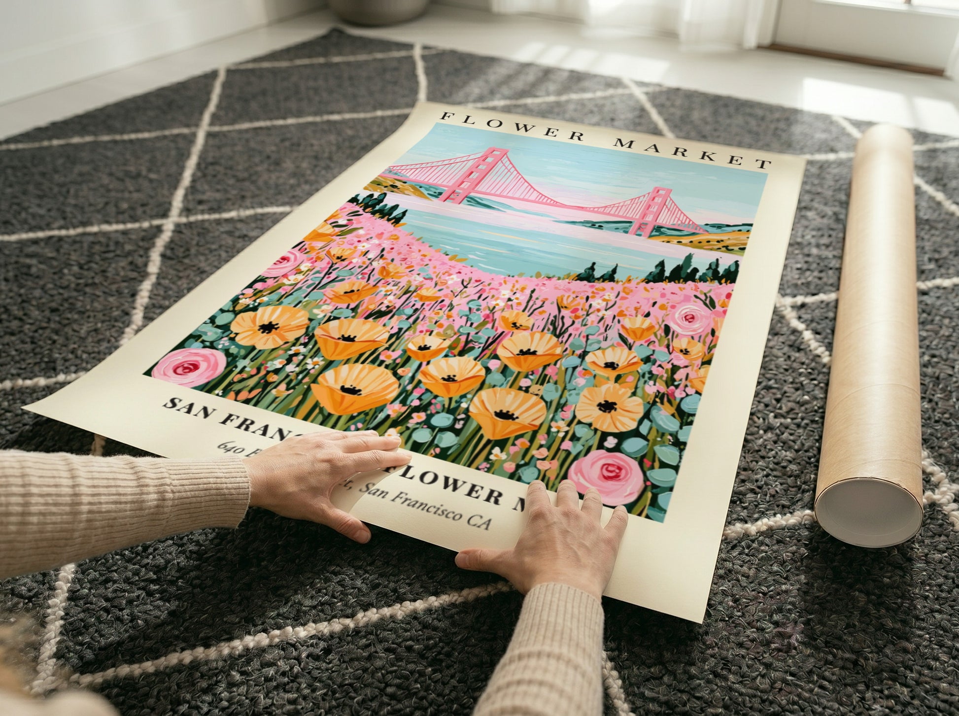 Floral print featuring wildflowers and the Golden Gate Bridge in pastel colors