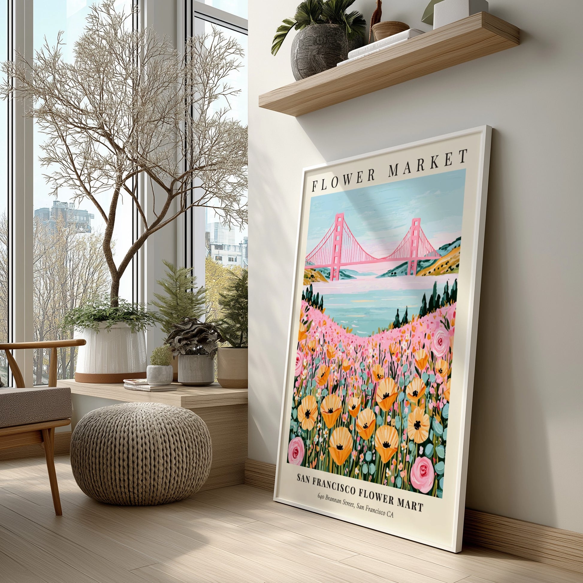 Floral print featuring wildflowers and the Golden Gate Bridge in pastel colors