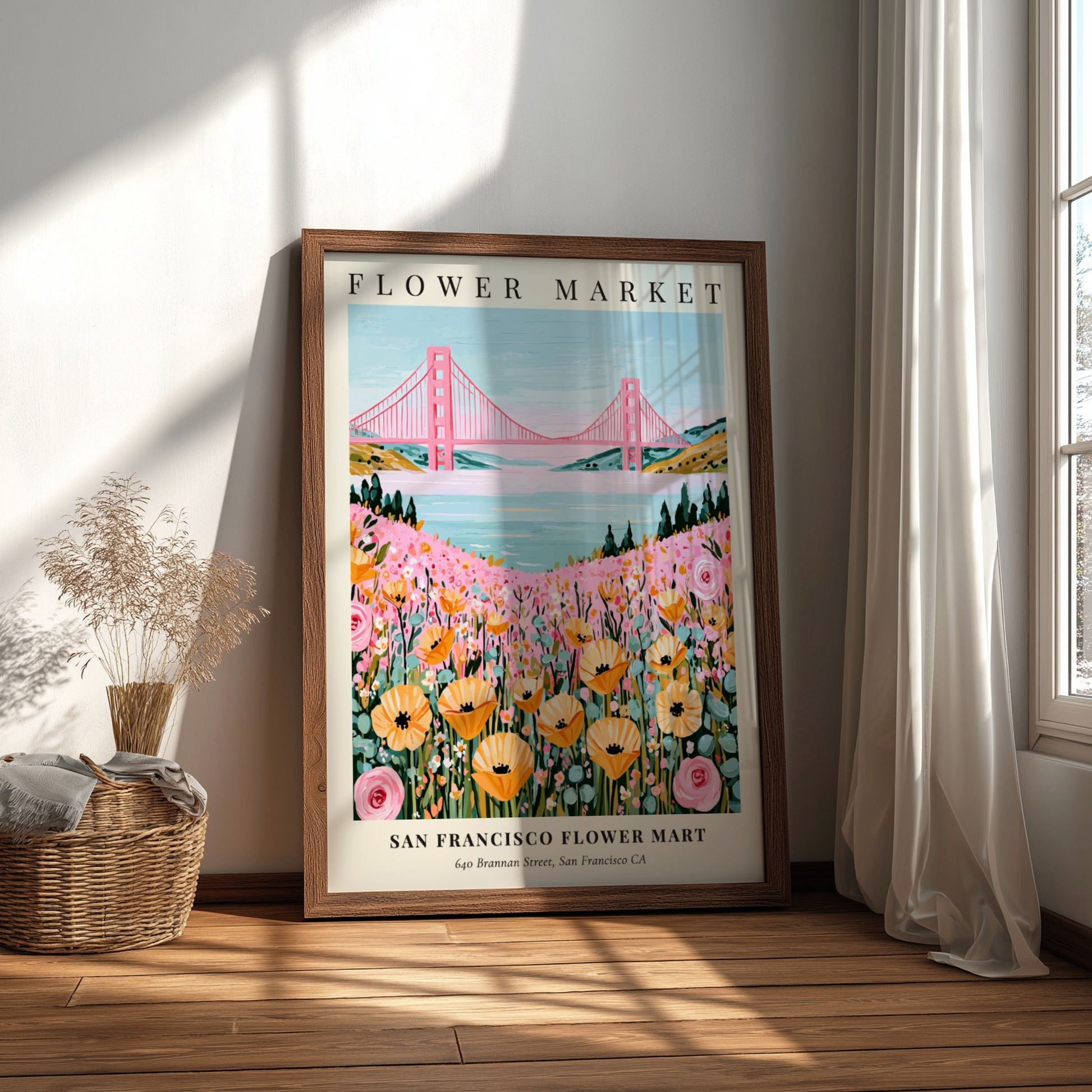 Floral print featuring wildflowers and the Golden Gate Bridge in pastel colors