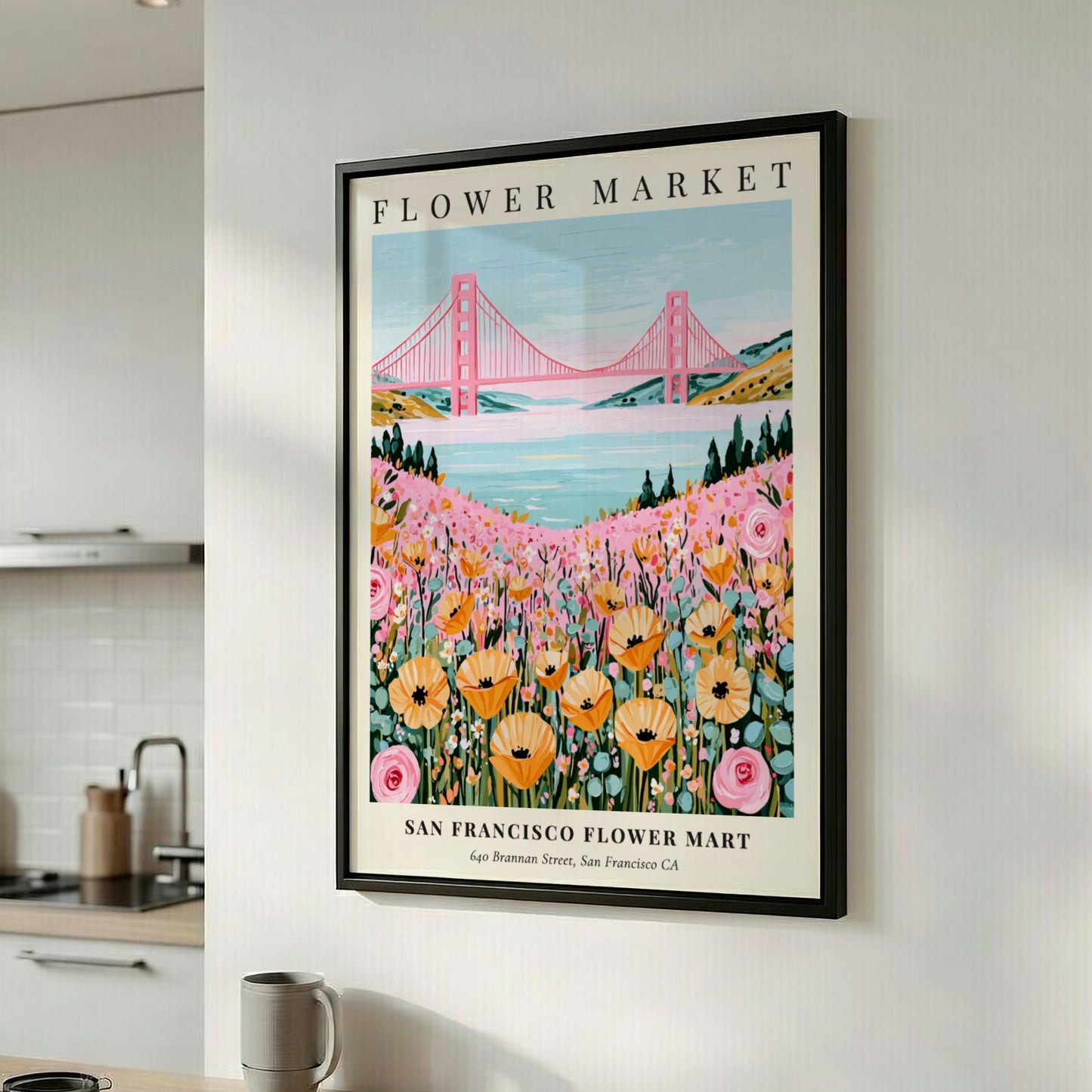 Floral print featuring wildflowers and the Golden Gate Bridge in pastel colors