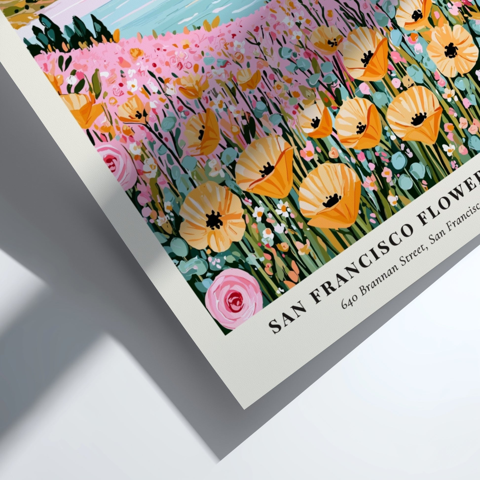 Floral print featuring wildflowers and the Golden Gate Bridge in pastel colors