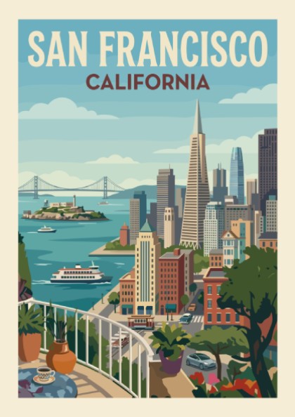 Retro San Francisco skyline poster with Golden Gate Bridge and city buildings.