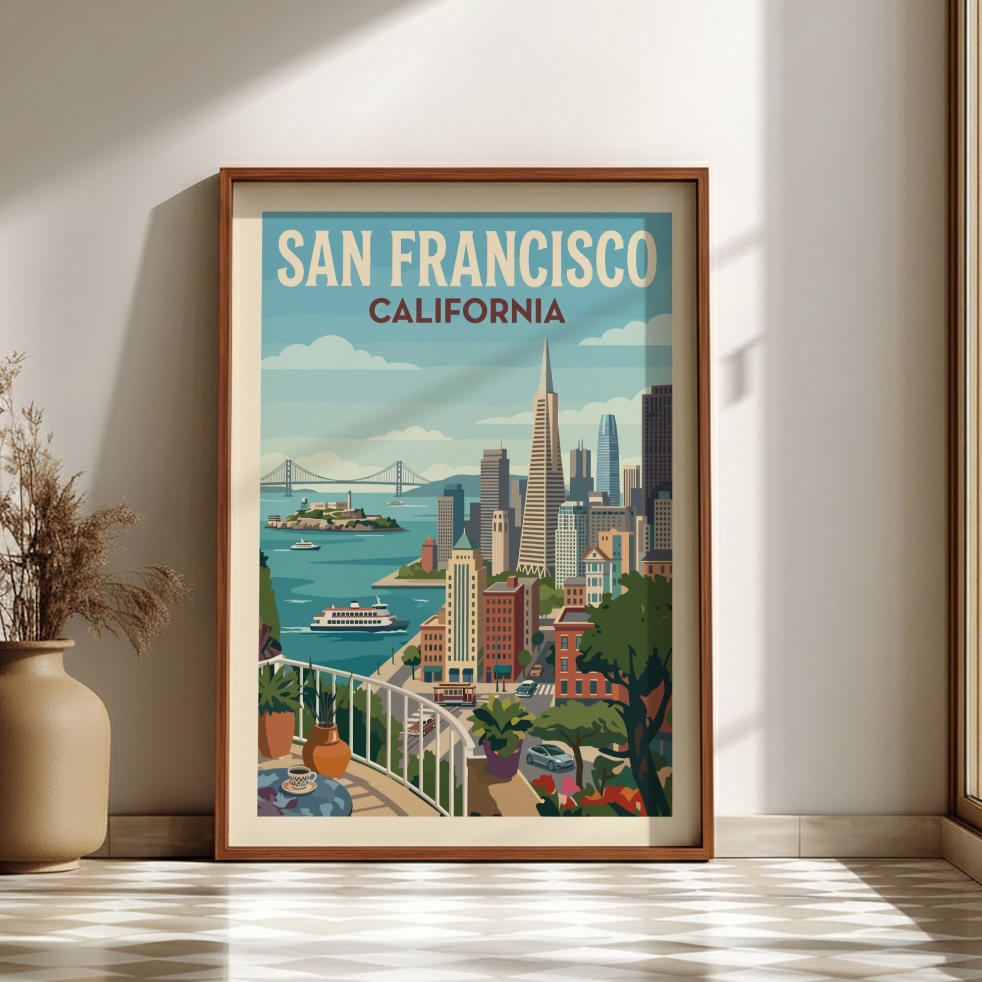 Retro San Francisco skyline poster with Golden Gate Bridge and city buildings.