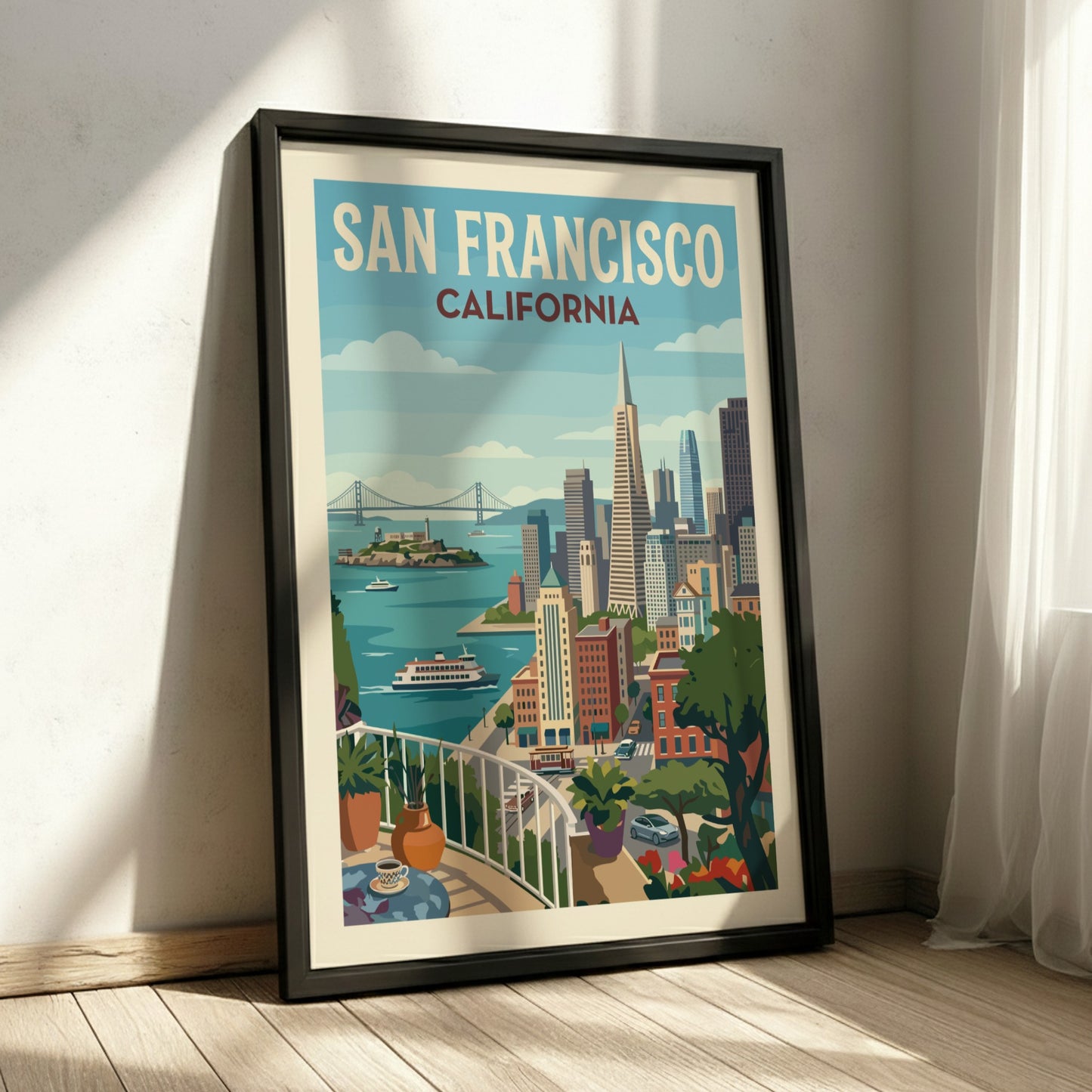 Retro San Francisco skyline poster with Golden Gate Bridge and city buildings.