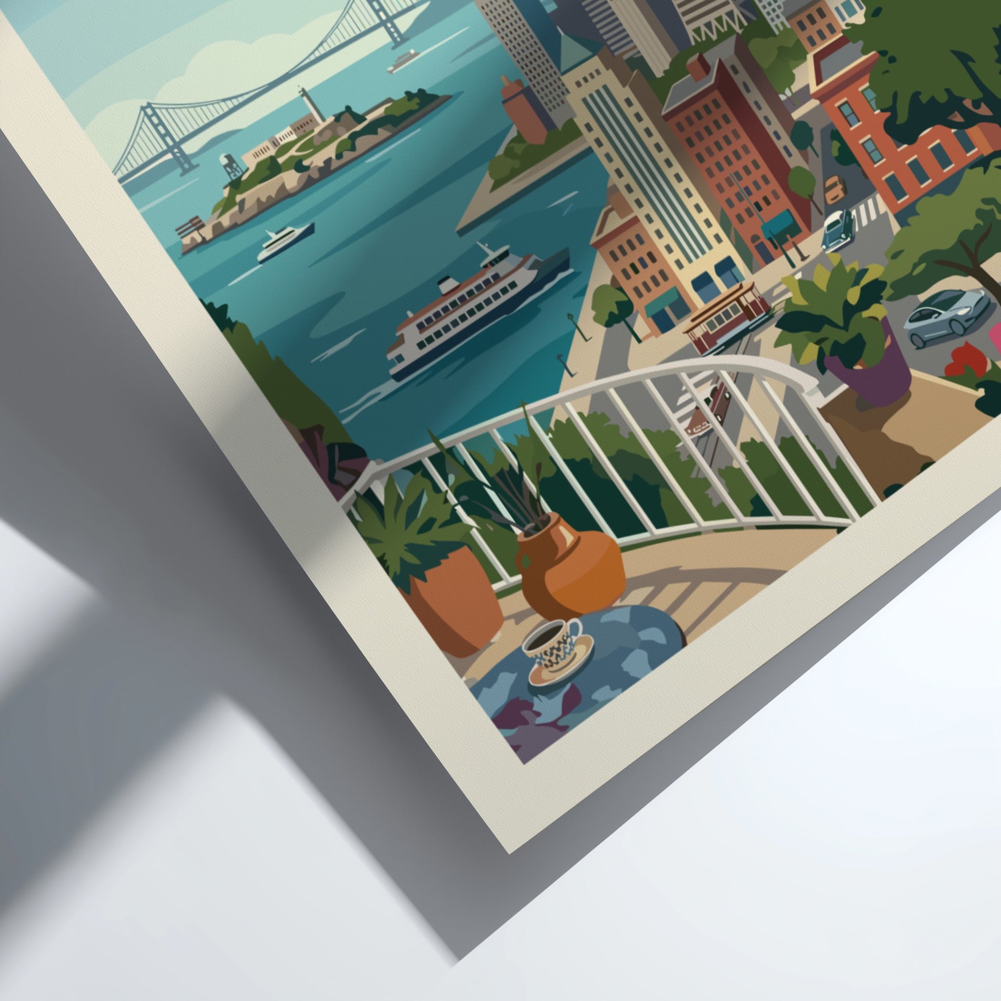 Retro San Francisco skyline poster with Golden Gate Bridge and city buildings.