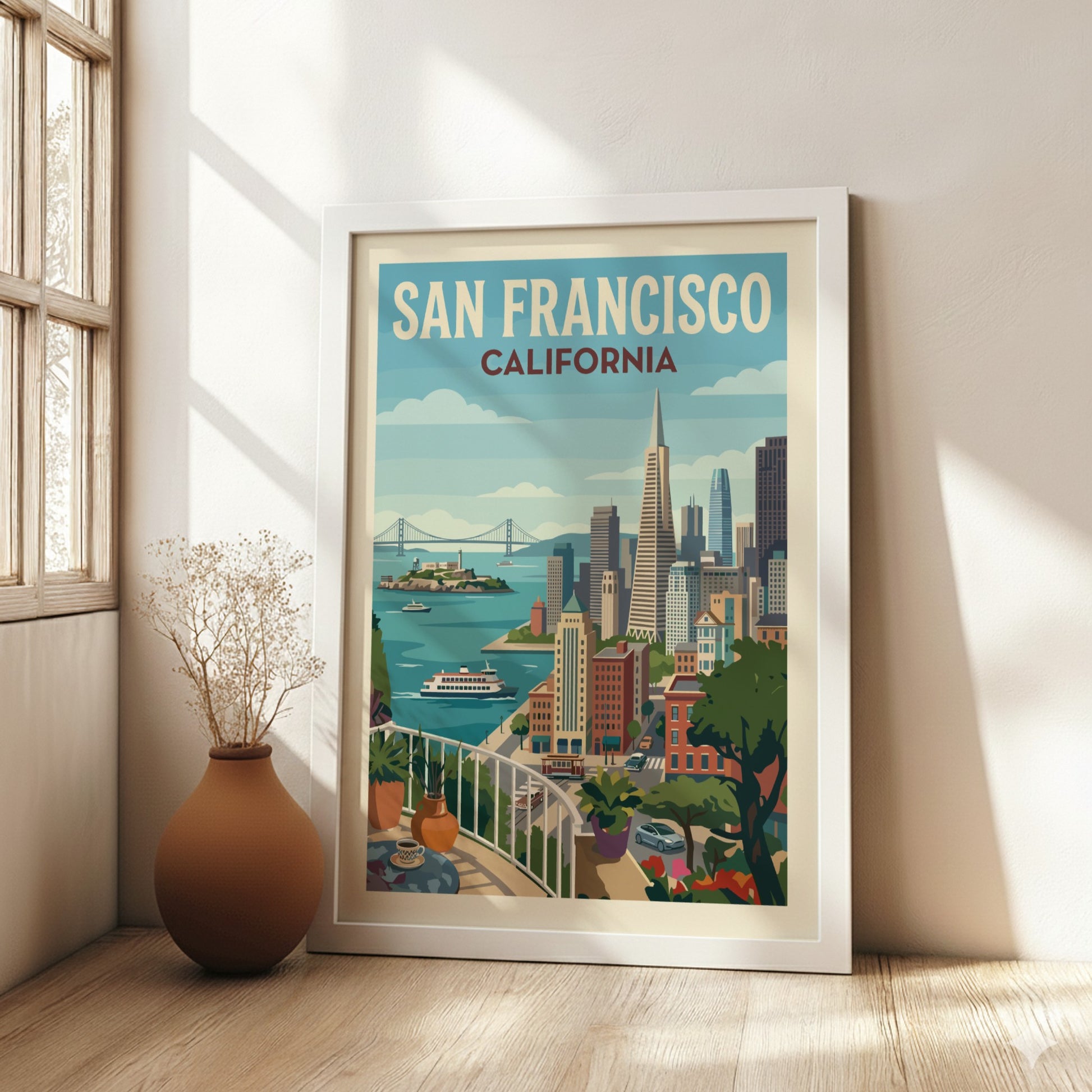 Retro San Francisco skyline poster with Golden Gate Bridge and city buildings.