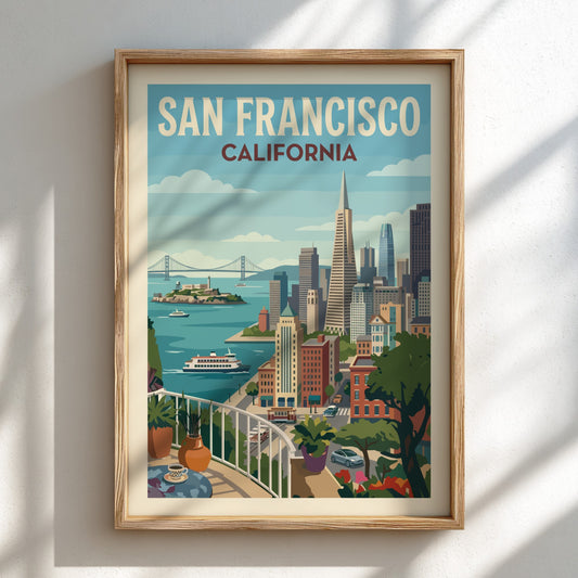 Retro San Francisco skyline poster with Golden Gate Bridge and city buildings.
