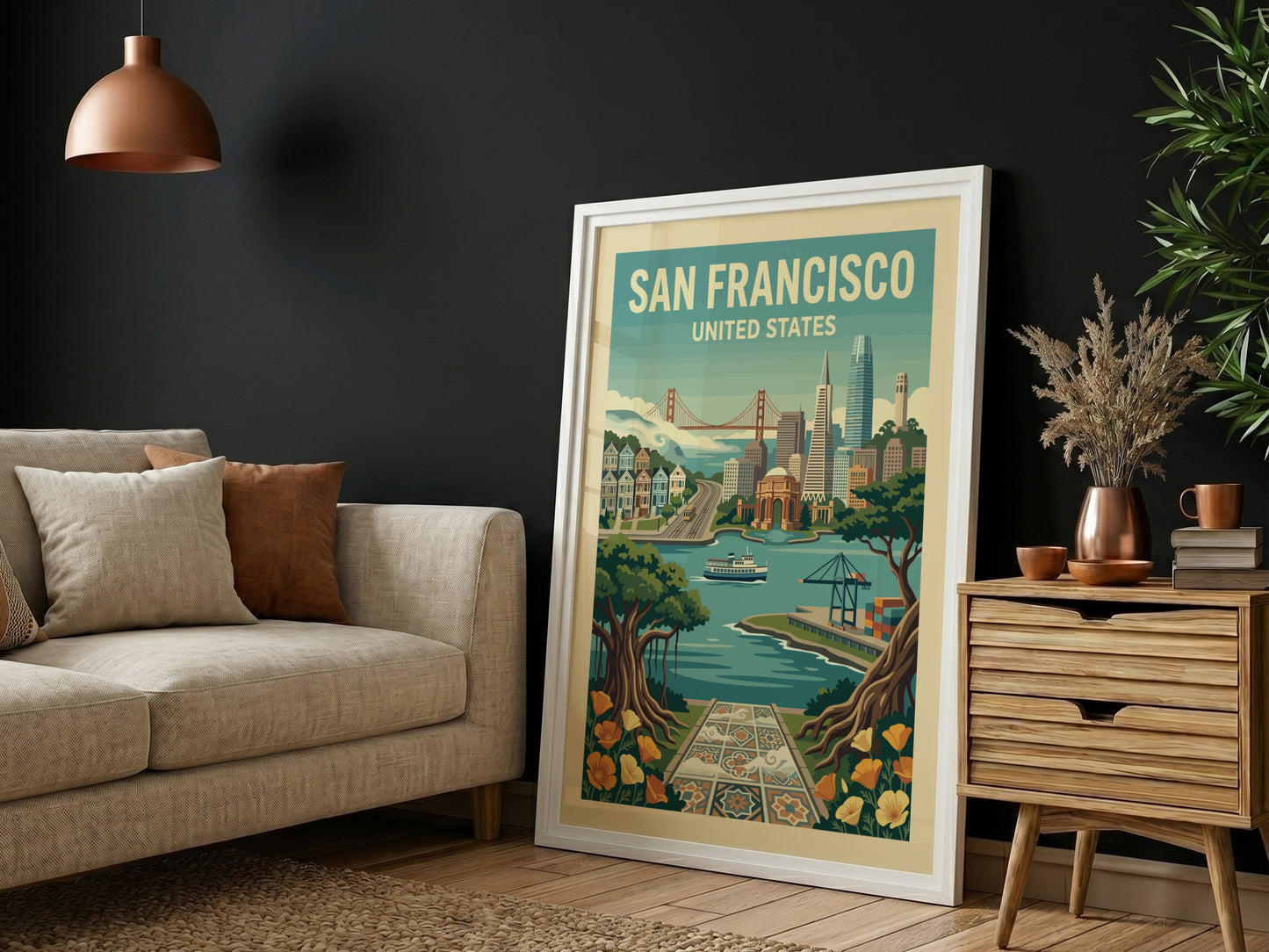 Retro San Francisco travel poster with Golden Gate Bridge and city skyline in a vintage style.