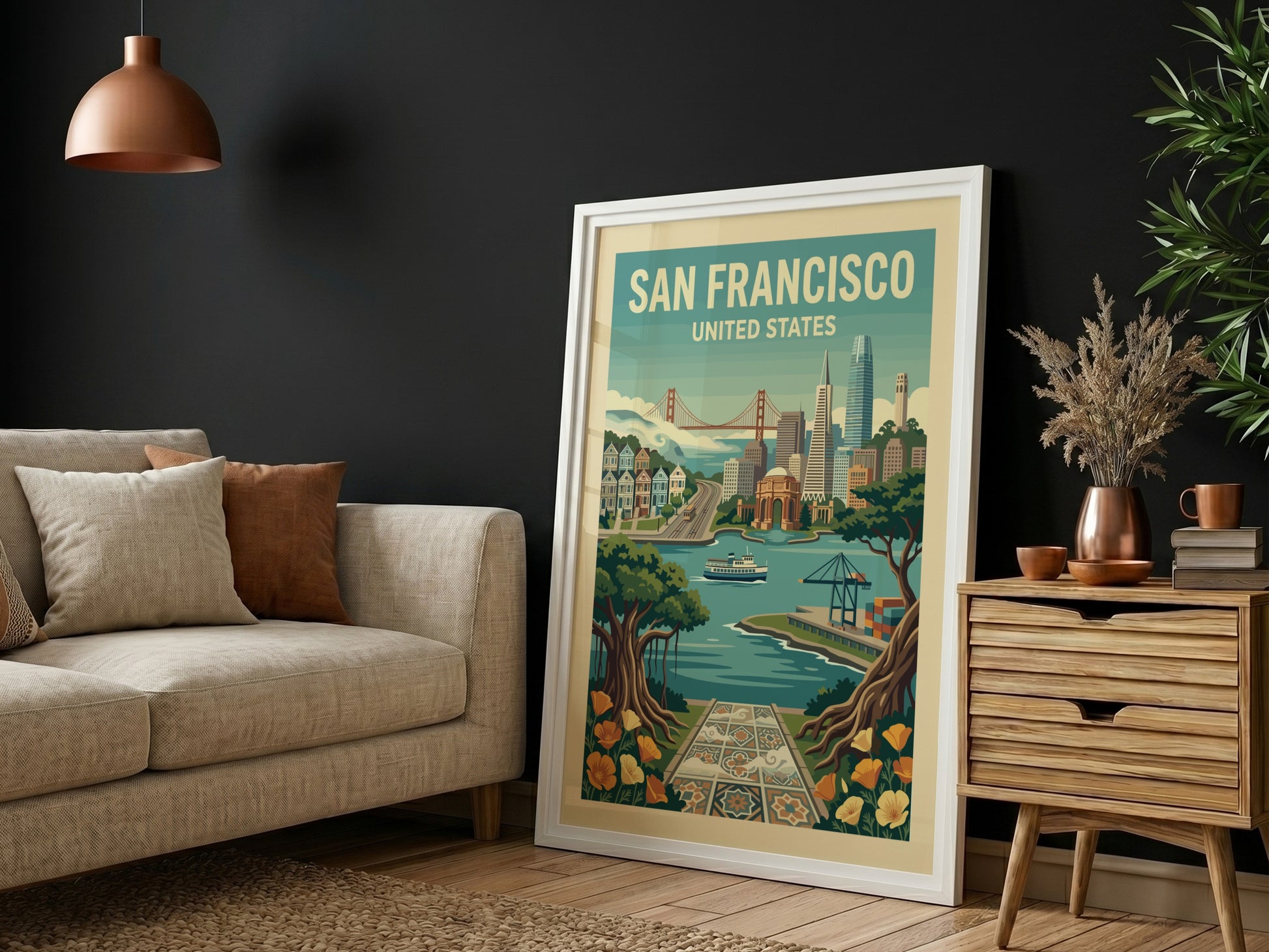 Retro San Francisco travel poster with Golden Gate Bridge and city skyline in a vintage style.