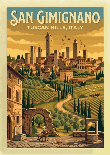 Travel poster of San Gimignano showing medieval towers above golden vineyards and hills.
