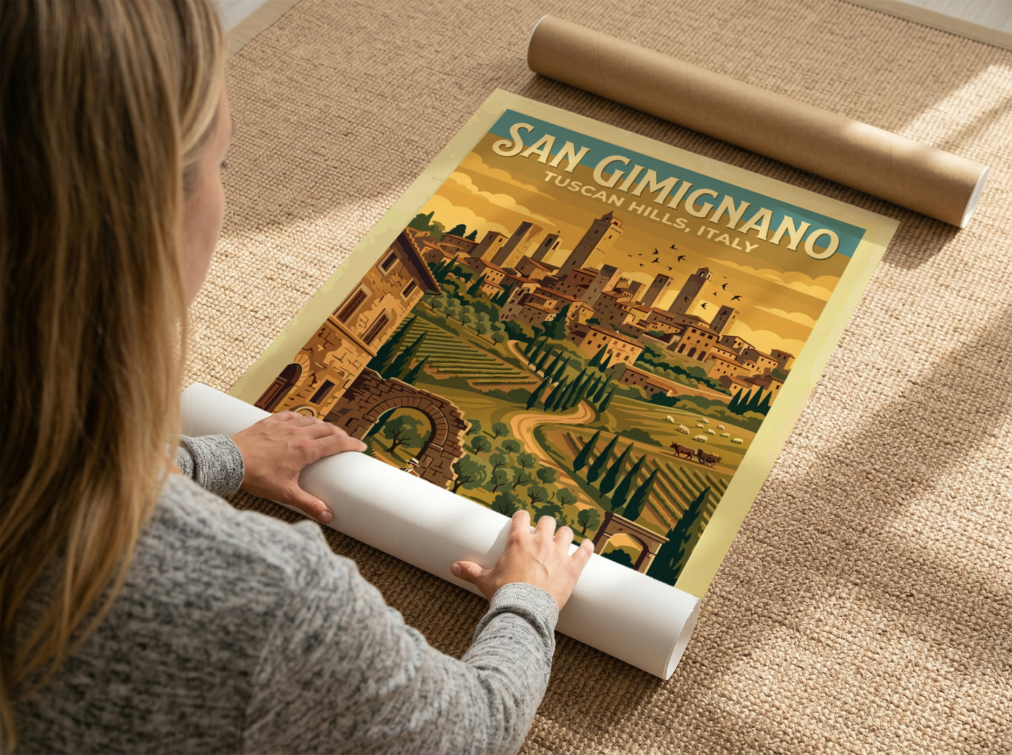 Travel poster of San Gimignano showing medieval towers above golden vineyards and hills.