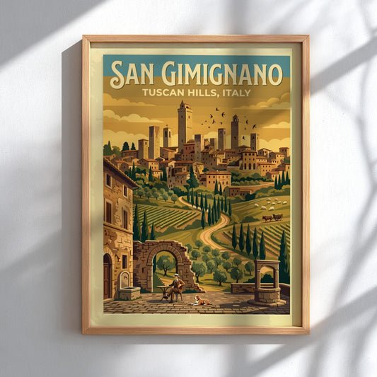 Travel poster of San Gimignano showing medieval towers above golden vineyards and hills.