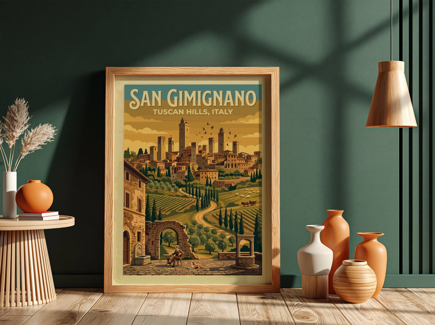 Travel poster of San Gimignano showing medieval towers above golden vineyards and hills.