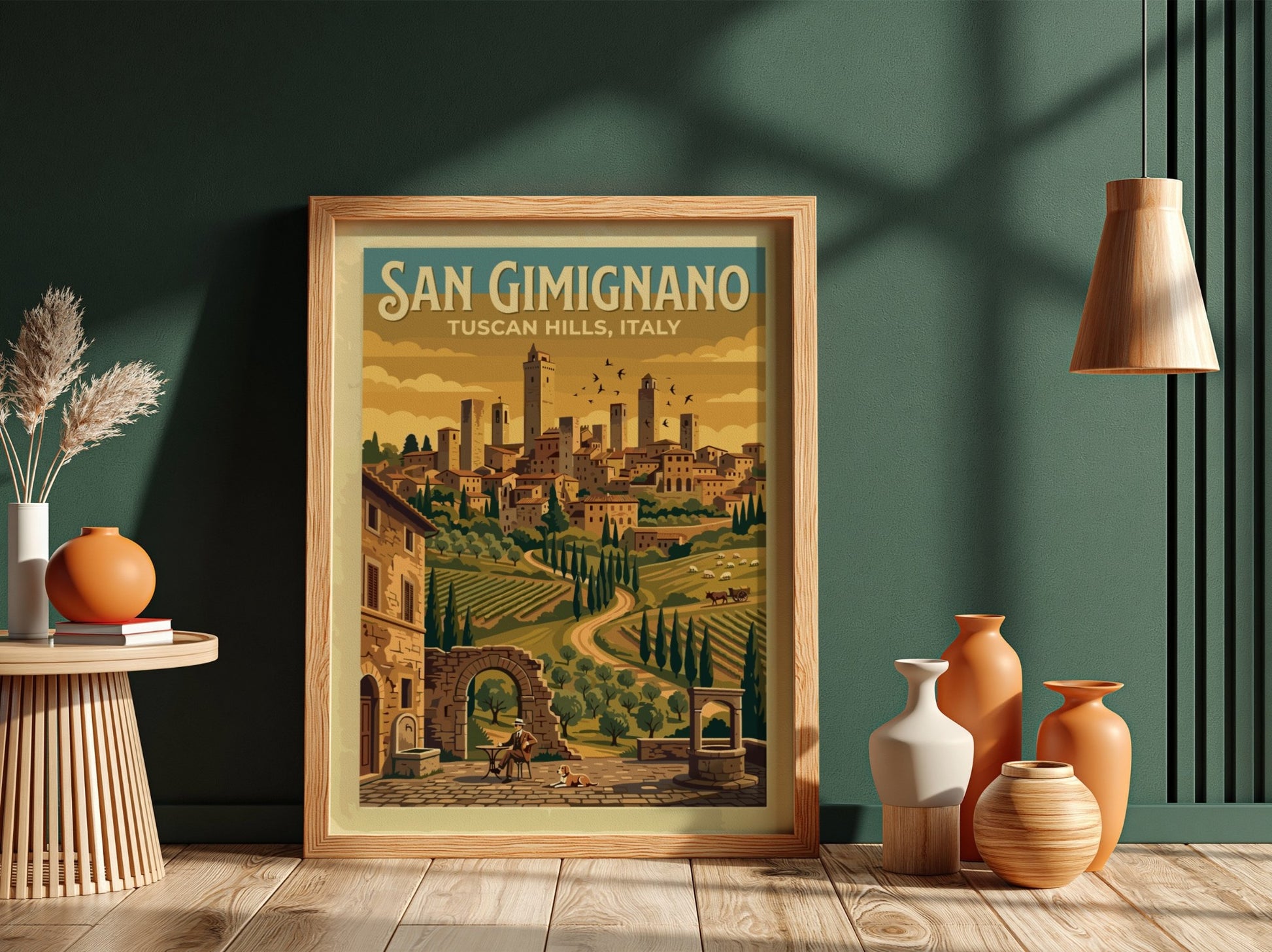 Travel poster of San Gimignano showing medieval towers above golden vineyards and hills.