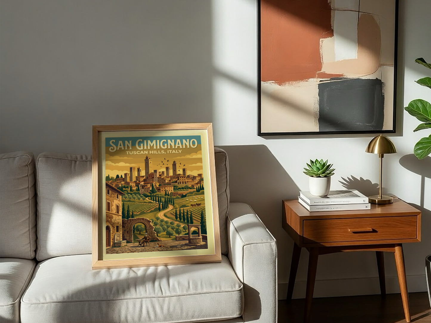Travel poster of San Gimignano showing medieval towers above golden vineyards and hills.