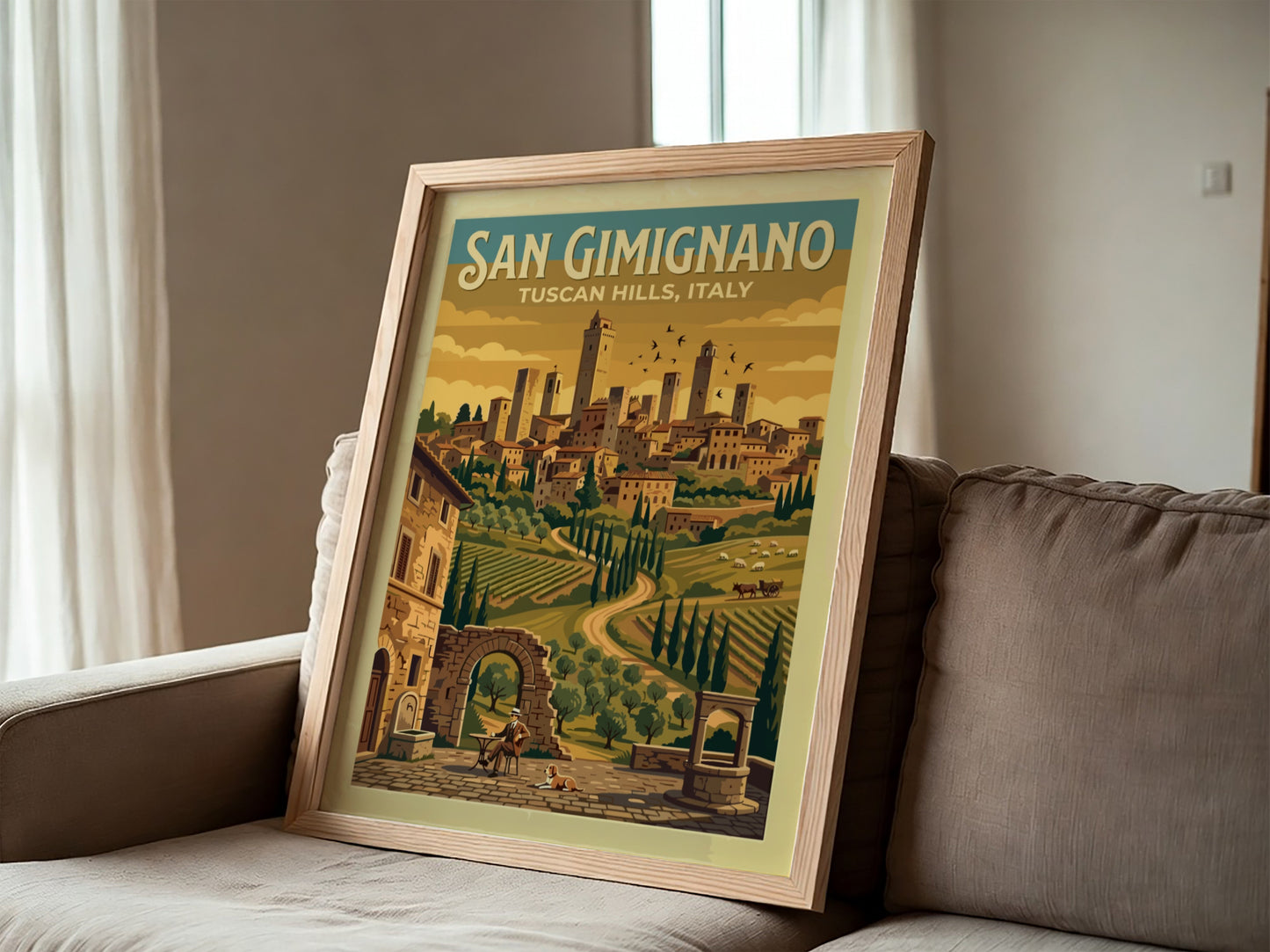 Travel poster of San Gimignano showing medieval towers above golden vineyards and hills.
