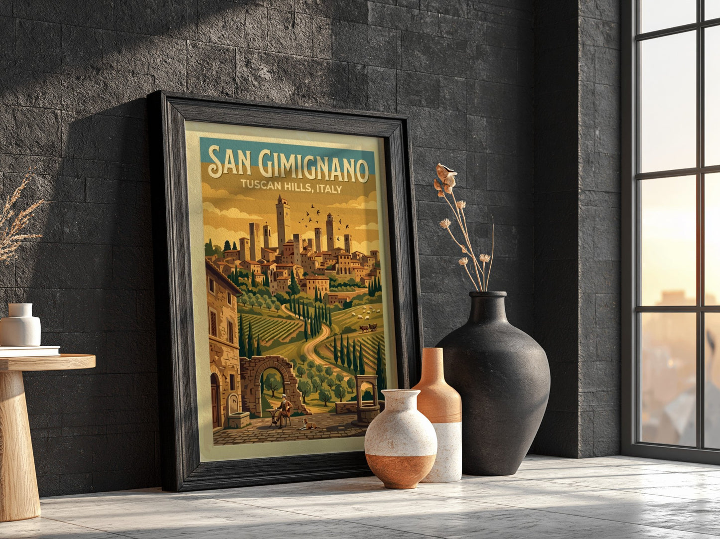 Travel poster of San Gimignano showing medieval towers above golden vineyards and hills.