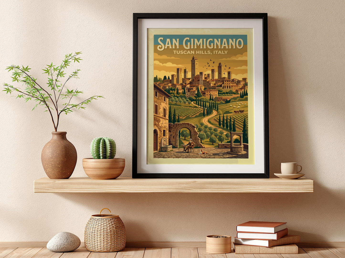 Travel poster of San Gimignano showing medieval towers above golden vineyards and hills.