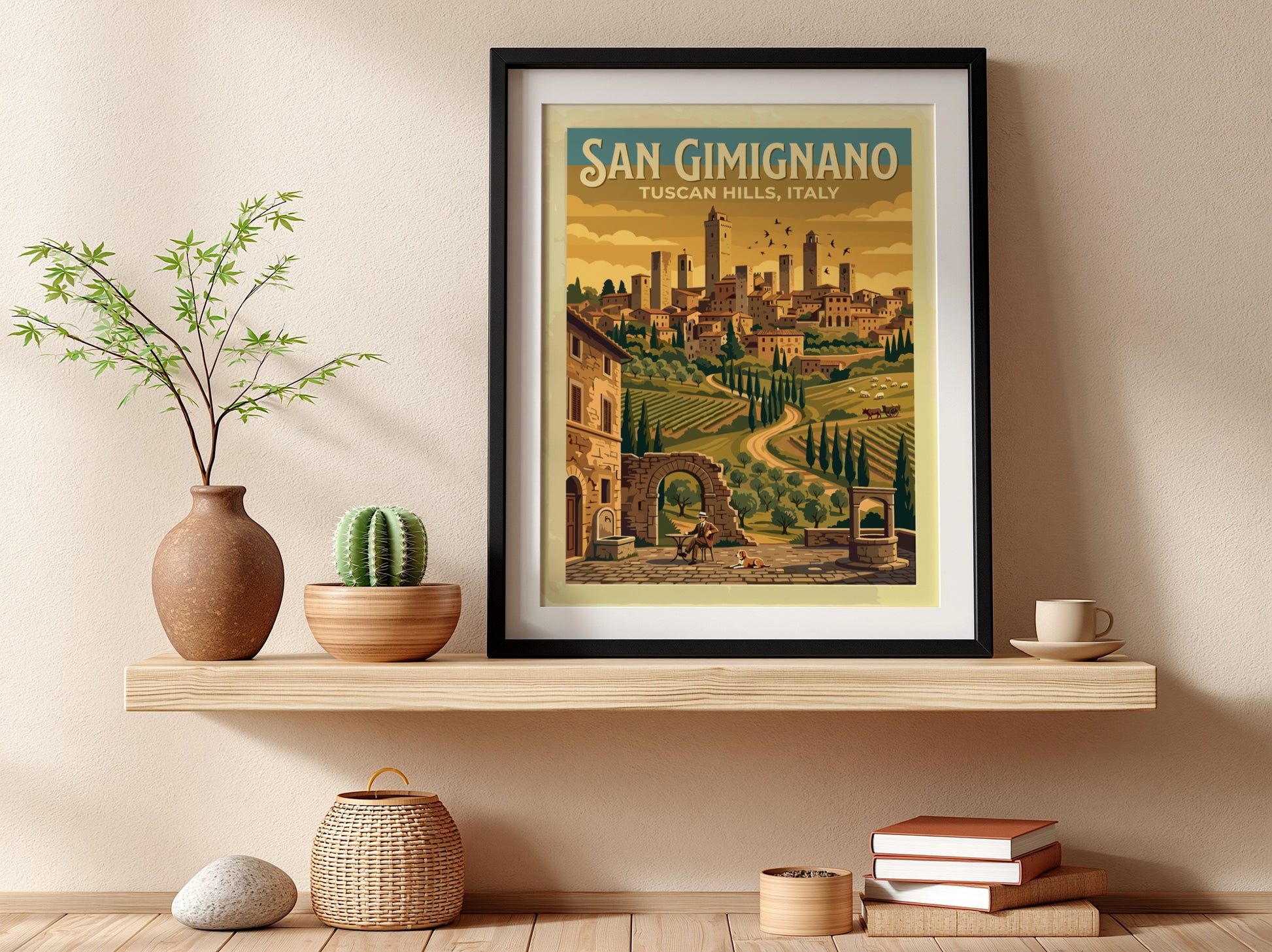 Travel poster of San Gimignano showing medieval towers above golden vineyards and hills.