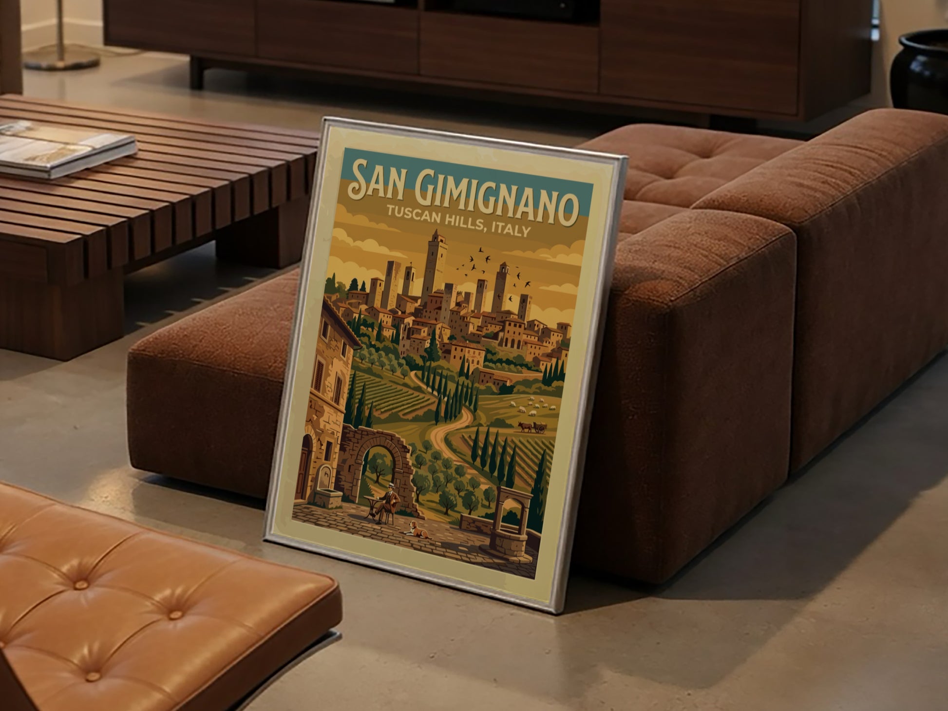 Travel poster of San Gimignano showing medieval towers above golden vineyards and hills.
