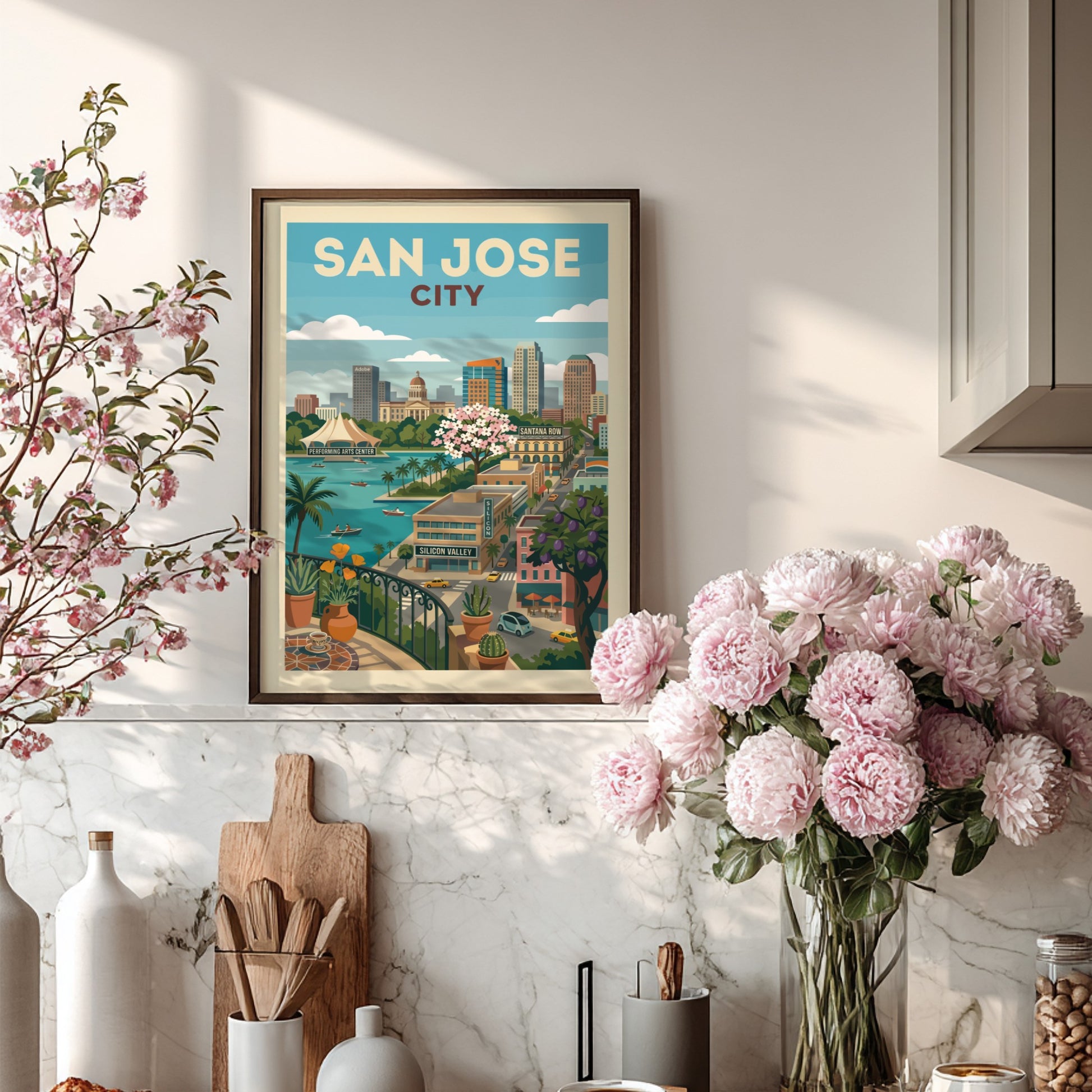 Retro illustration of the San Jose city skyline with bay, buildings, and cherry blossoms.