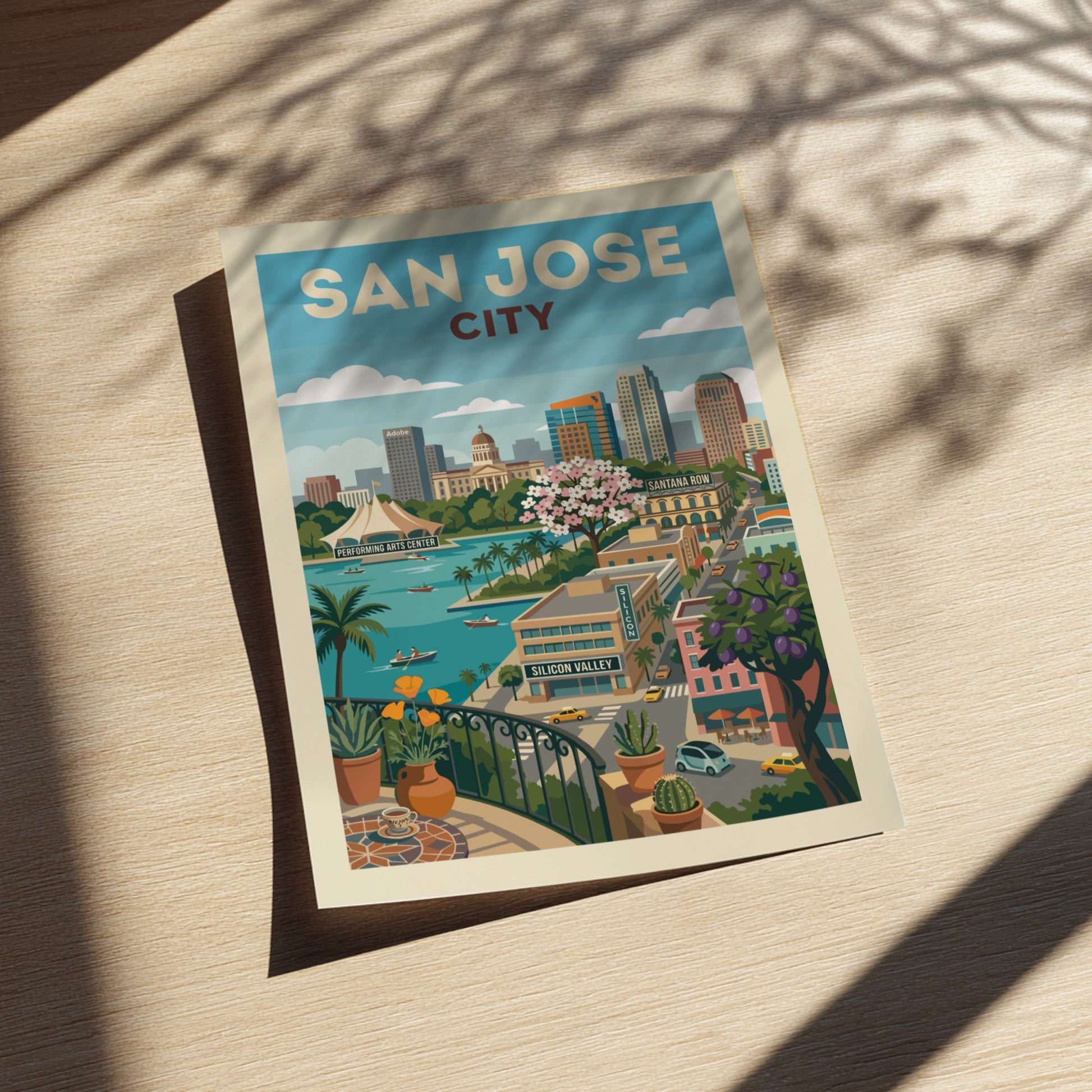 Retro illustration of the San Jose city skyline with bay, buildings, and cherry blossoms.