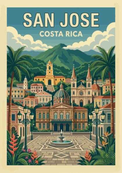 Retro San Jose Costa Rica travel poster featuring cityscape, mountains, and palm trees.