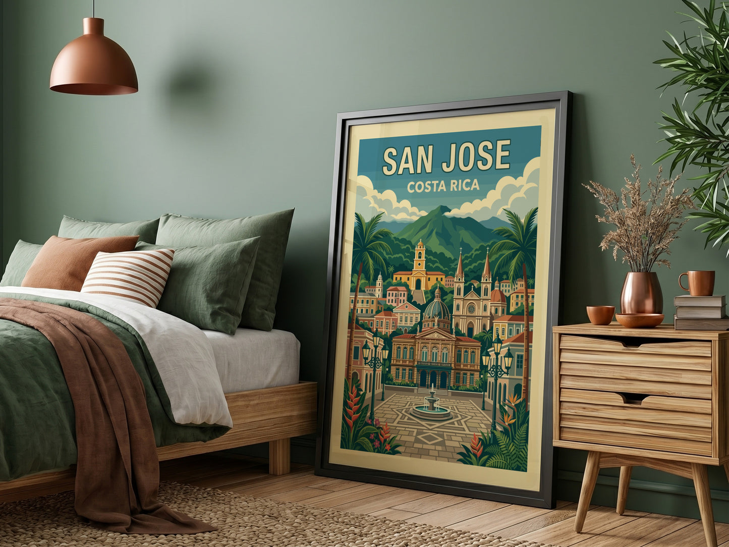 Retro San Jose Costa Rica travel poster featuring cityscape, mountains, and palm trees.