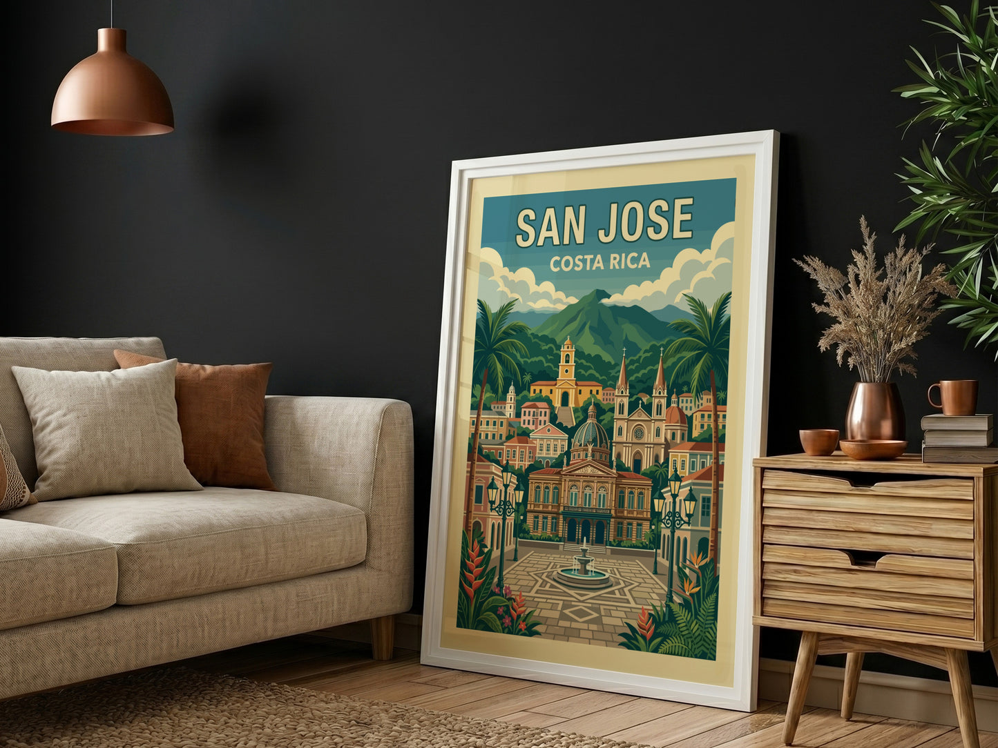Retro San Jose Costa Rica travel poster featuring cityscape, mountains, and palm trees.