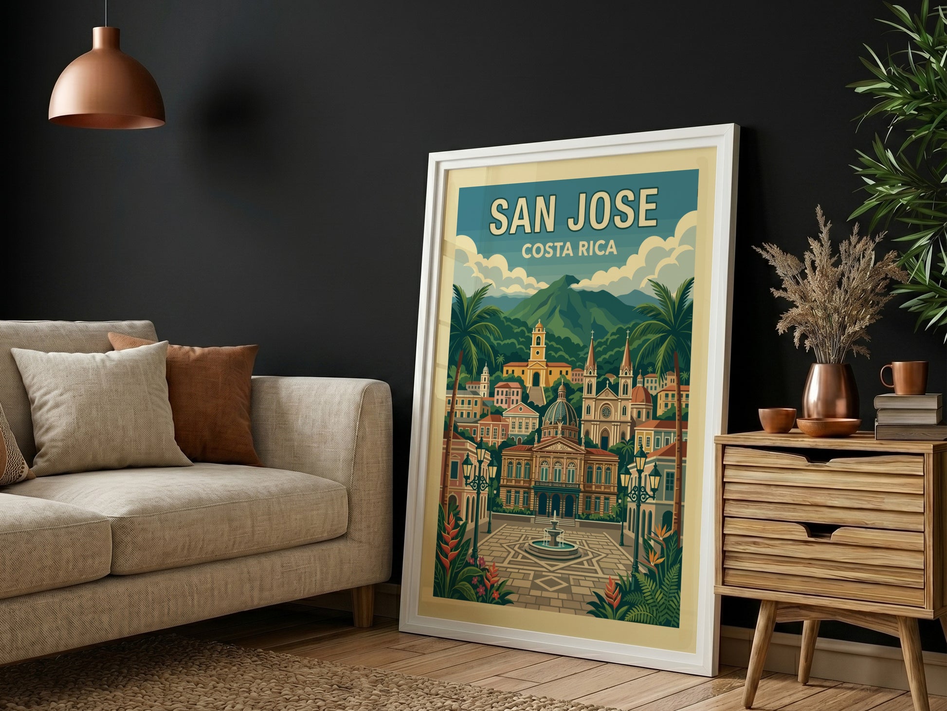 Retro San Jose Costa Rica travel poster featuring cityscape, mountains, and palm trees.