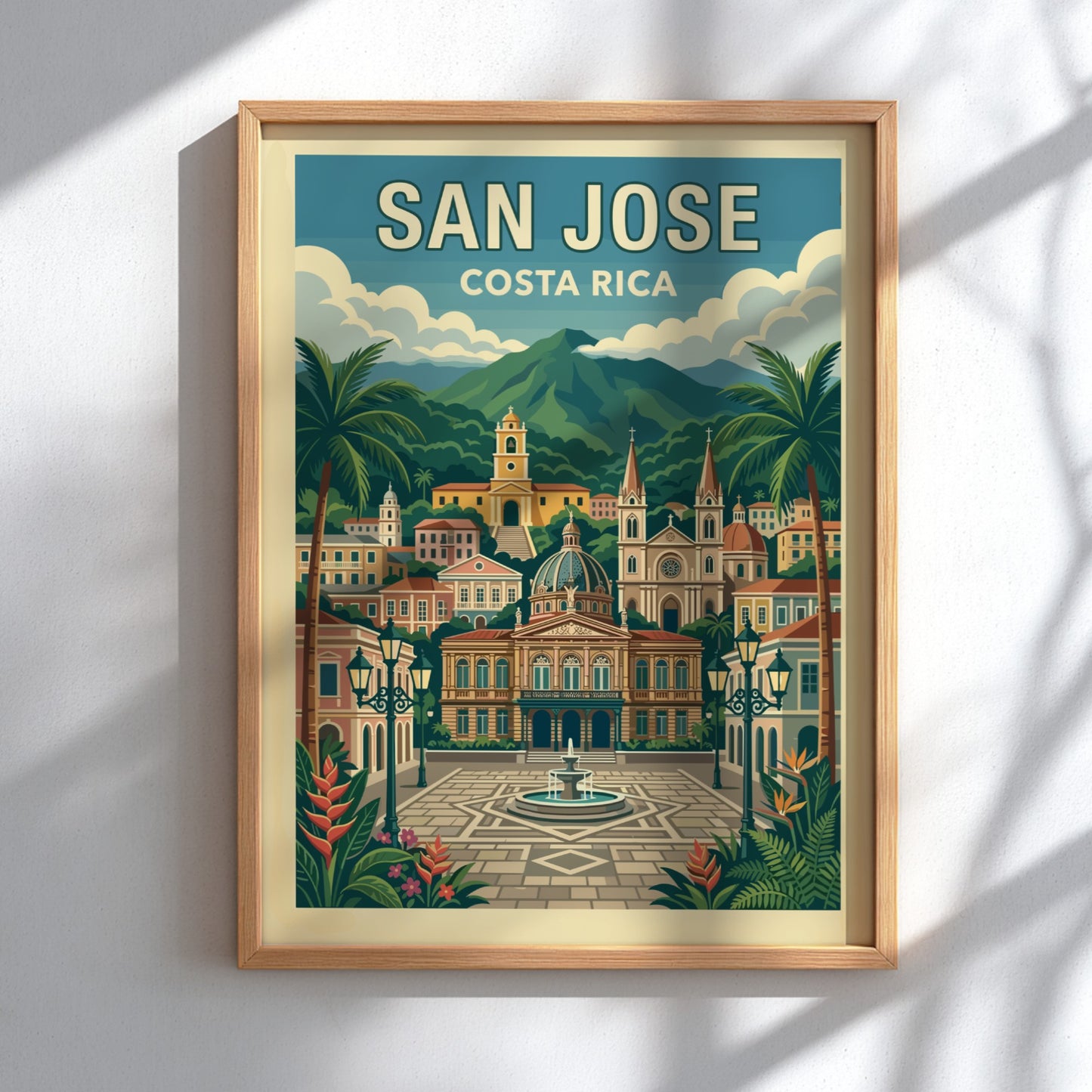 Retro San Jose Costa Rica travel poster featuring cityscape, mountains, and palm trees.
