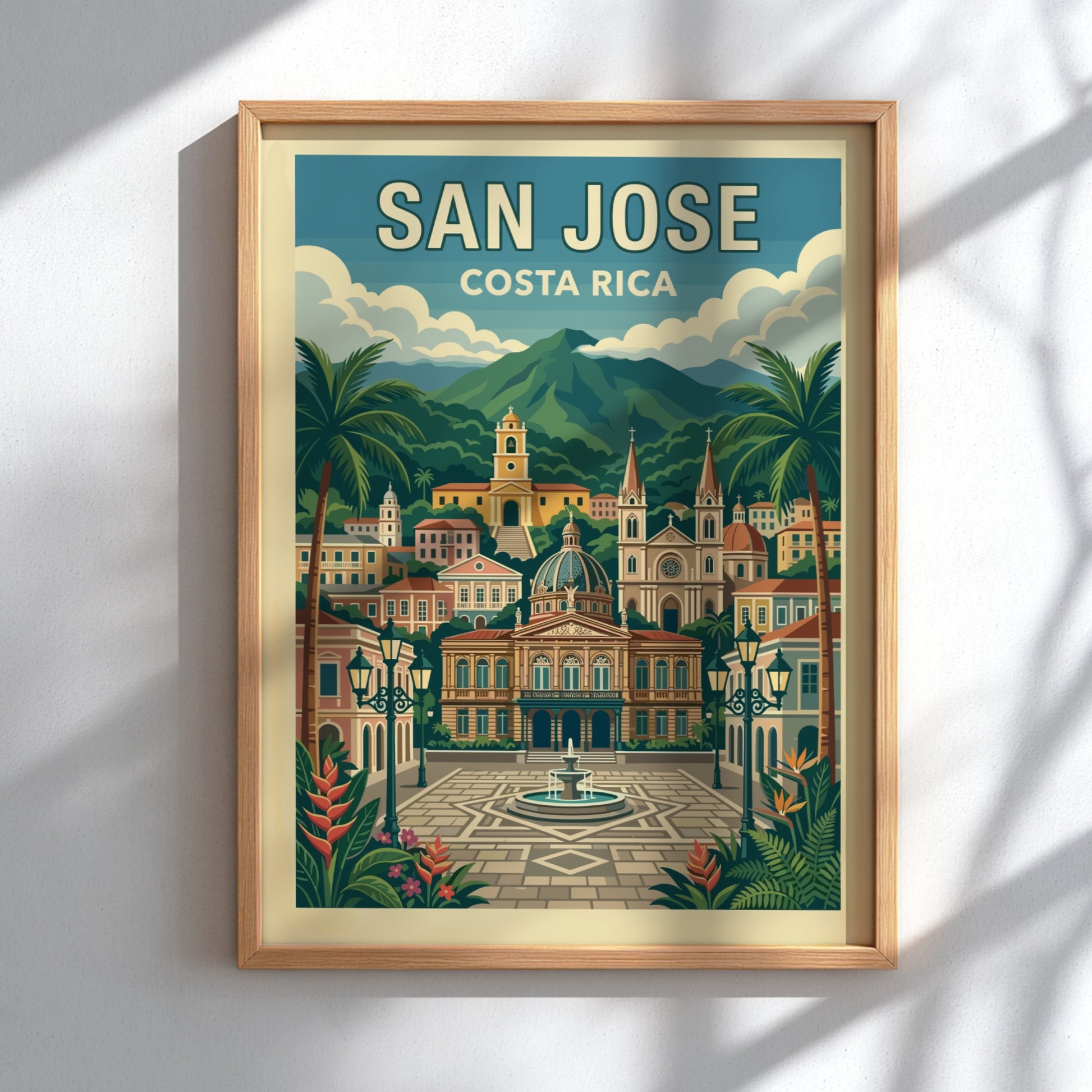 Retro San Jose Costa Rica travel poster featuring cityscape, mountains, and palm trees.