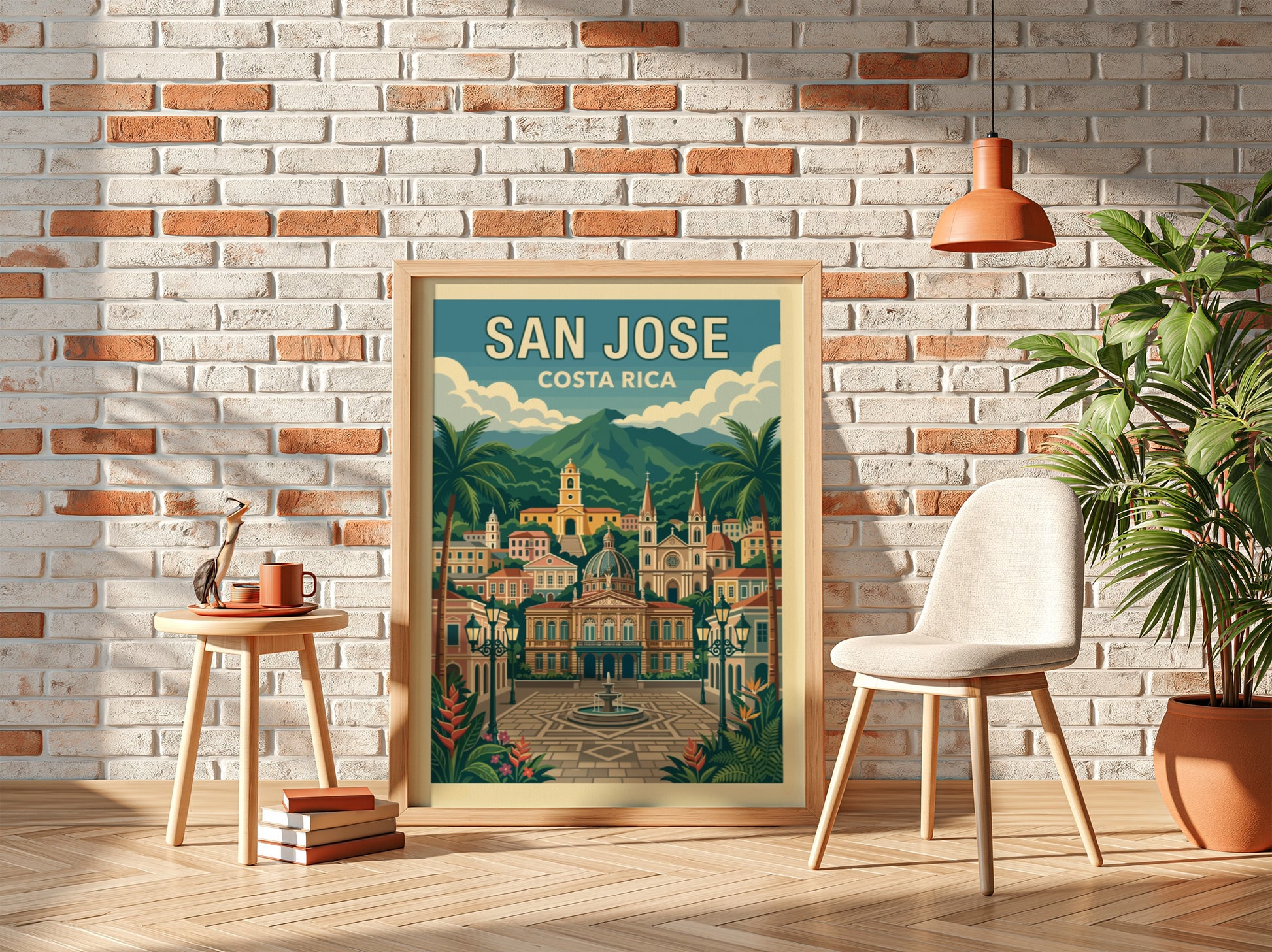 Retro San Jose Costa Rica travel poster featuring cityscape, mountains, and palm trees.