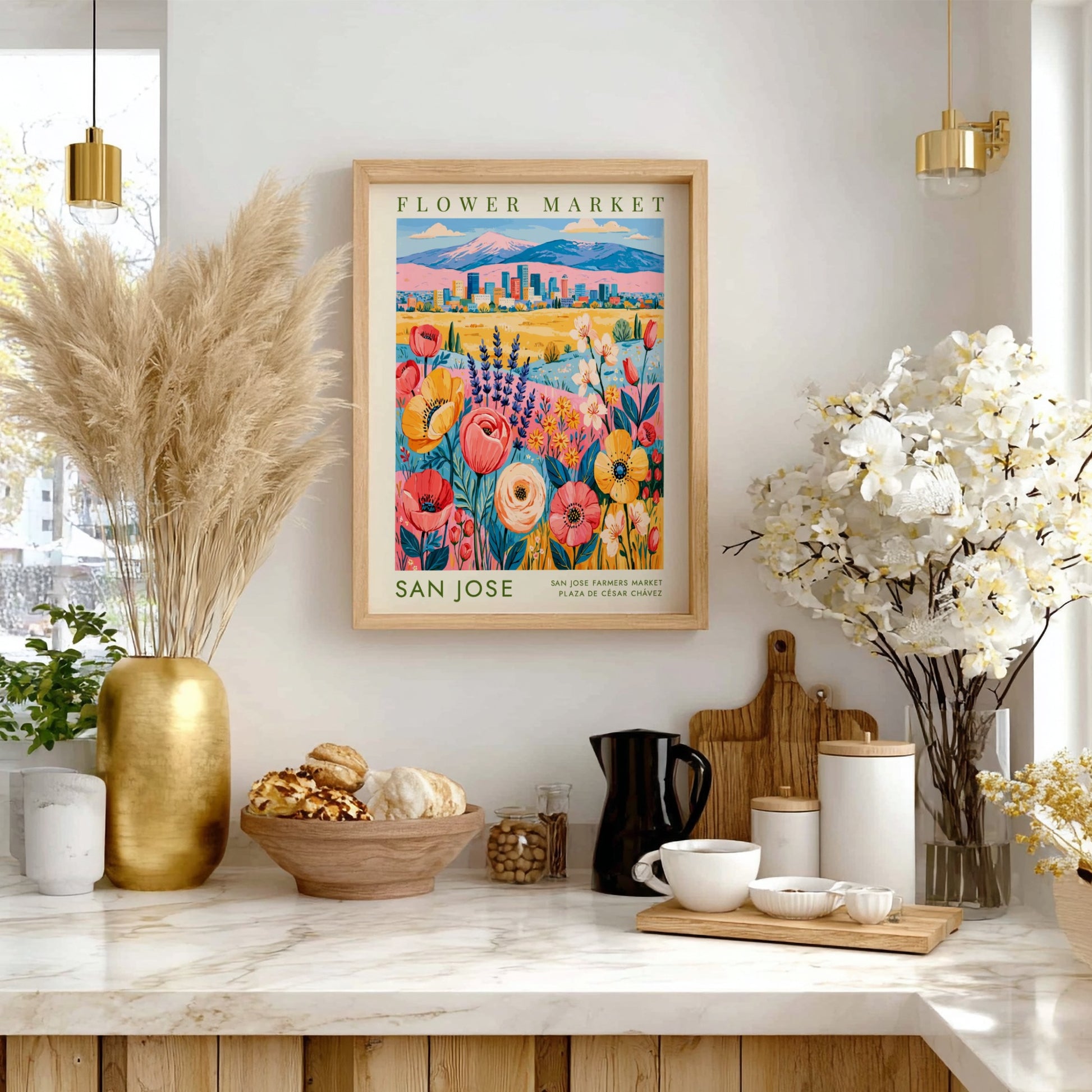 Flower market poster featuring vibrant blooms and a cityscape in colorful style